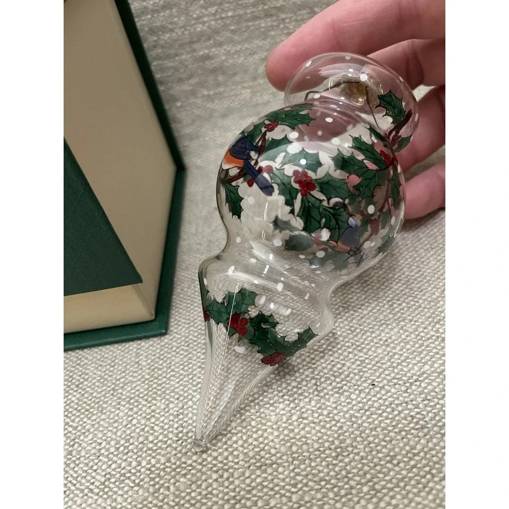 Reverse Hand Paint Teardrop Christmas Ornament Winter Bird Holly Pier 1 Li Bien